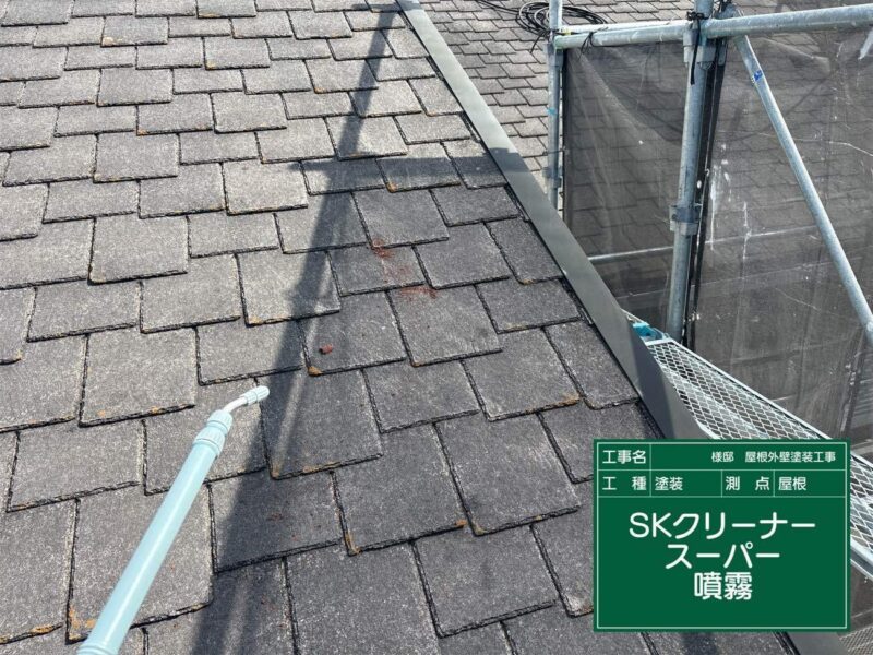 屋根洗浄 【バイオ液塗布】洗浄剤で、カビやコケの菌を根元から除去していきます。